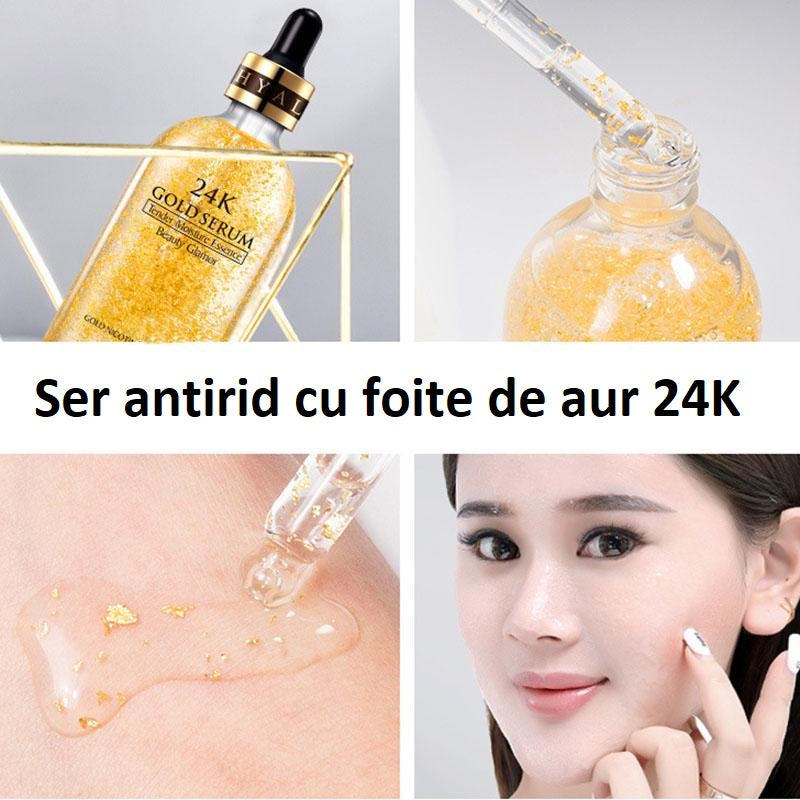 Ser Antirid cu Foite Aur 24K & Acid Hialuronic, Goldzan Ampoule 99,9%, 100 ml